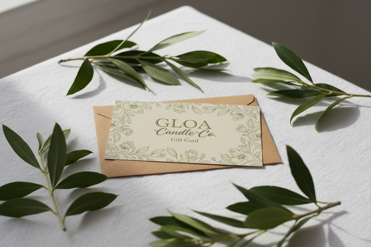 Please can you create me an image of a gift card, it should have the words 'GLOA Candle Co' in bigger text, with smaller text underneath which reads 'Gift Card'. The card should be colour #F5F2E9, with #8e8b63 green floral print on it, it should be displayed on a table with white cloth, a brown envelope and green leaves around
