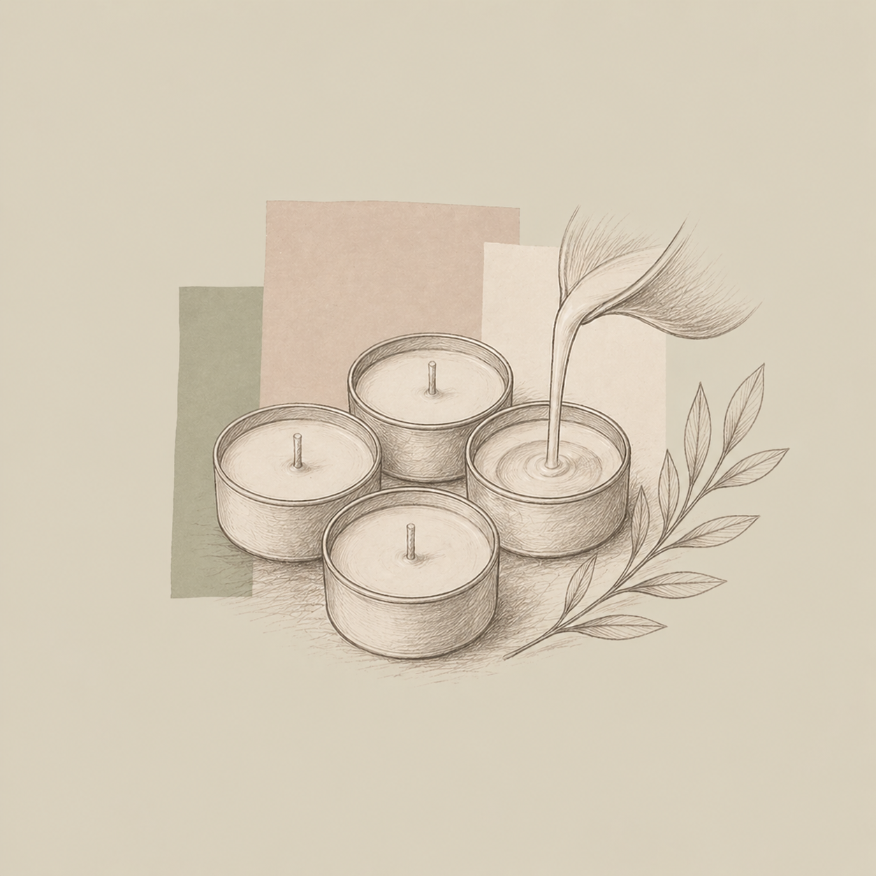 Illustration of four tealight candles being poured by hand with leaves on a beige background