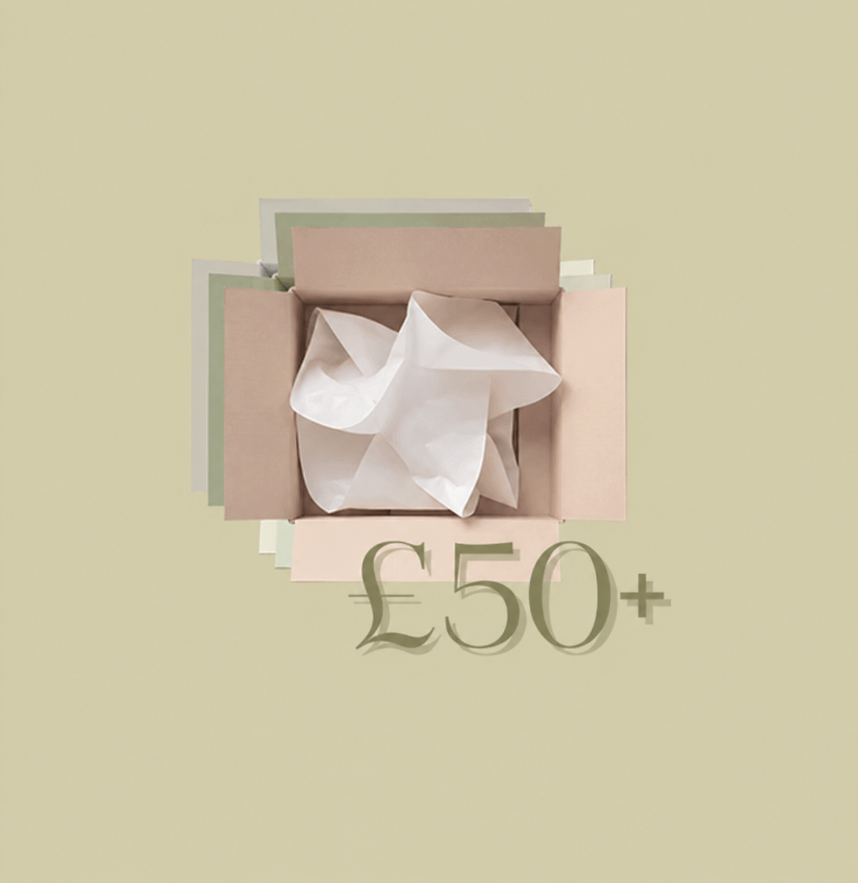 Postage boxes on a sage green background and '£50+' text to show free shipping on orders over £50