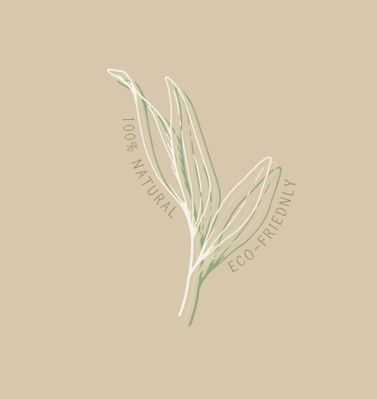Illustration of a leaf with '100% Natural' and 'Eco-Friendly' text on a beige background