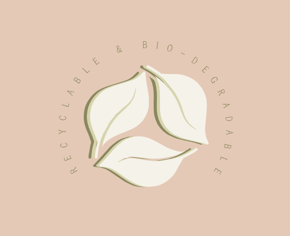 Three leaves in the shape of the recycle symbol with 'Recyclable & Bio-degradable' text on a beige background