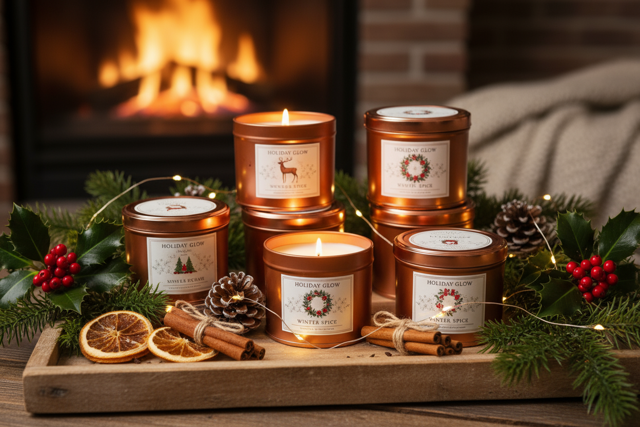 An image of a candle collection, in copper tins and christmas labels, with christmas decorations around, like holly and berries, and oranges and cloves etc.